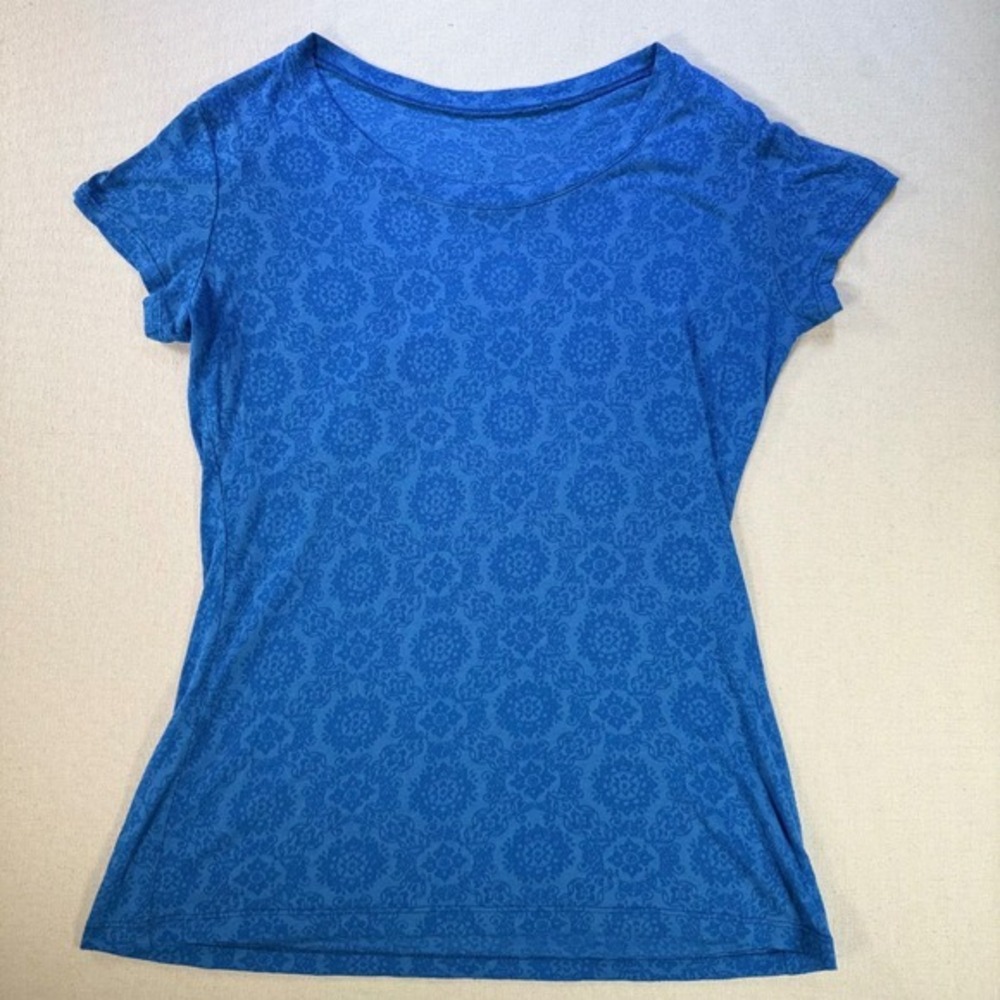 Kuhl Womens Blue Burnout Damask Short Sleeve Scoop Neck T-Shirt Logo Shield